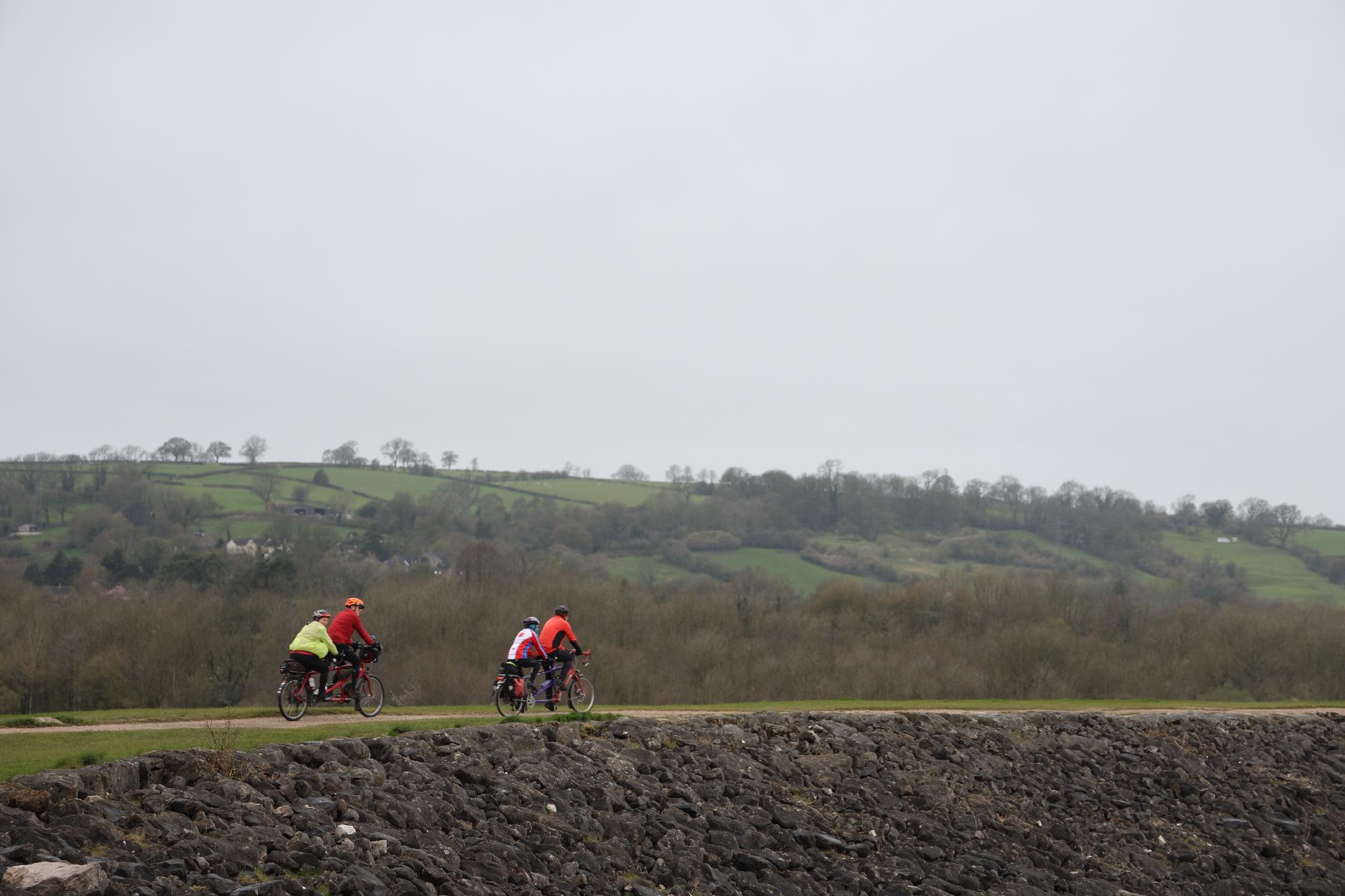 Stuart, Jackie, Ron, Linda along dam at Carsington Water